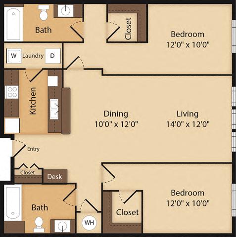 Floor plan for 2 beds, 2 baths, 1228 sqft